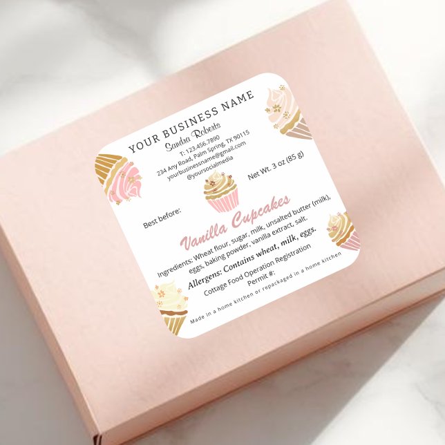 Pegatinas de Ingredientes de la Ley de Alimentos d (Blush Pink Cupcake Bakery Cottage Food Law square Stickers)
