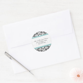 Pegatinas de la boda Aqua Blue Black Damask
