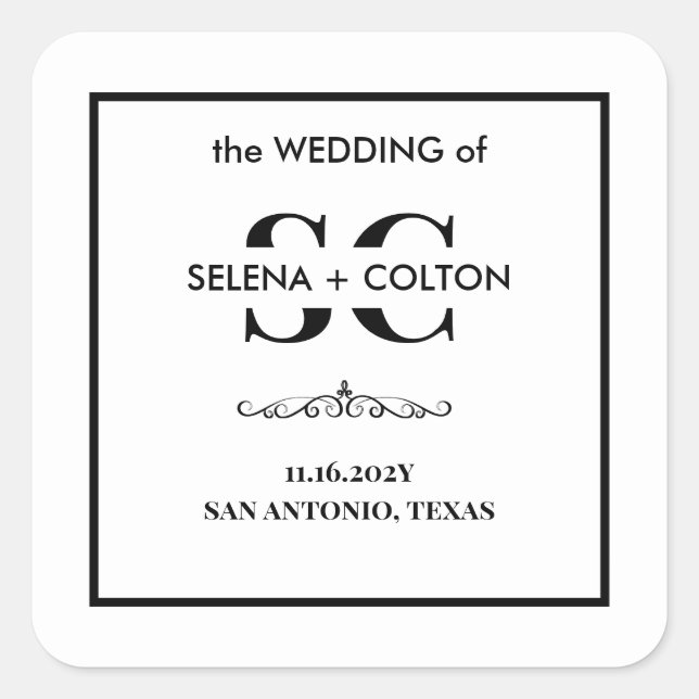 Pegatinas de la boda blanca y negra sin tiempo (Anverso)