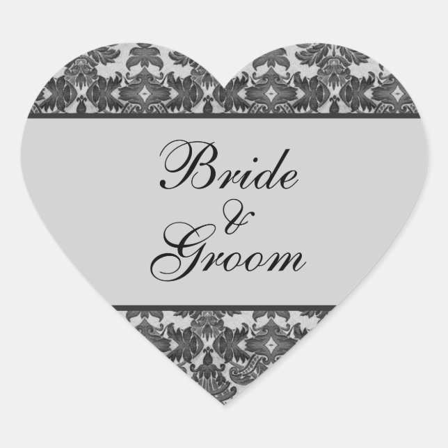 Pegatinas de la boda de Damask en negro y gris (Anverso)
