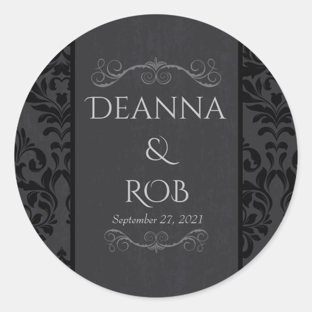 Pegatinas de la boda de Damask en negro y gris (Anverso)