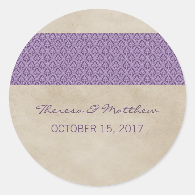 Pegatinas de la boda de la Damasco Rustica Púrpura (Anverso)