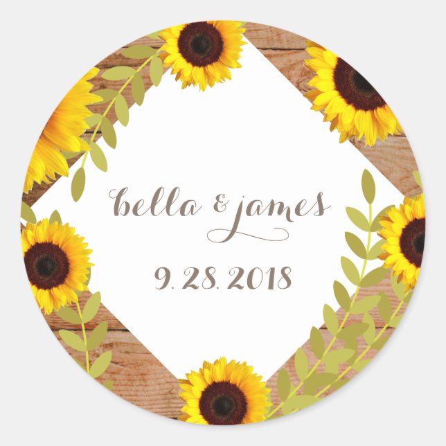 Pegatinas de la boda del girasol rústico (Anverso)