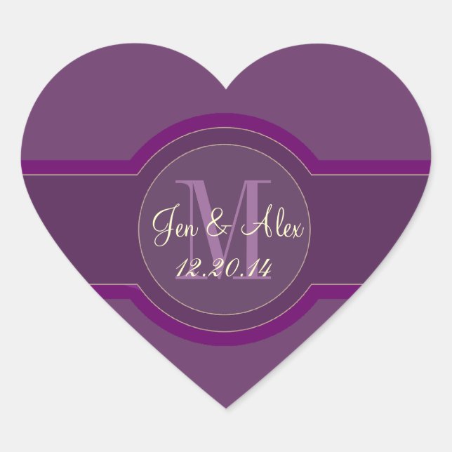 Pegatinas de la boda púrpura en forma de corazón (Anverso)