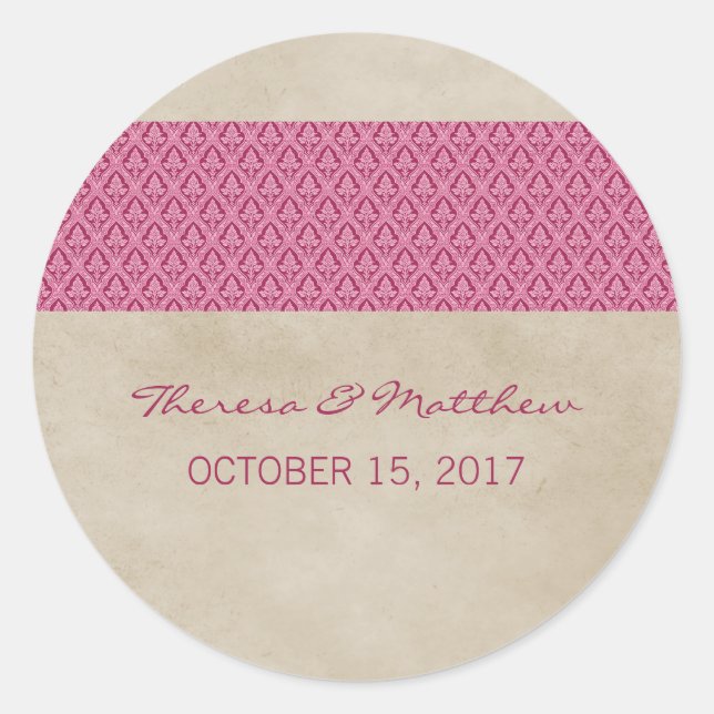 Pegatinas de la boda Rustic Damask Pink (Anverso)