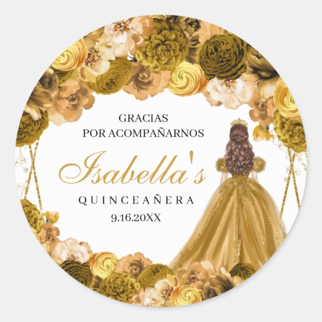 Pegatinas de la Ronda Quinceanera de Floral Dorada (Anverso)