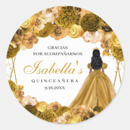 Pegatinas de la Ronda Quinceanera de Floral Dorada