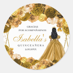 Pegatinas de la Ronda Quinceanera de Floral Dorada
