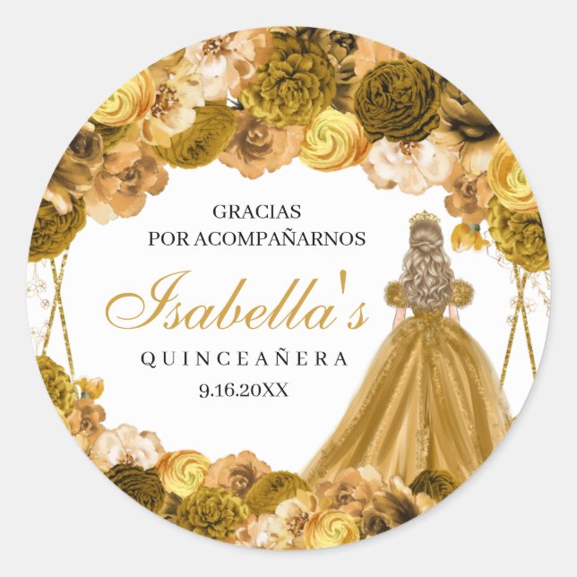 Pegatinas de la Ronda Quinceanera de Floral Dorada (Anverso)