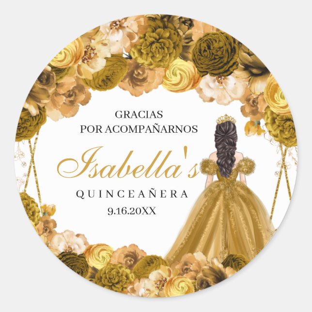 Pegatinas de la Ronda Quinceanera de Floral Dorada (Anverso)