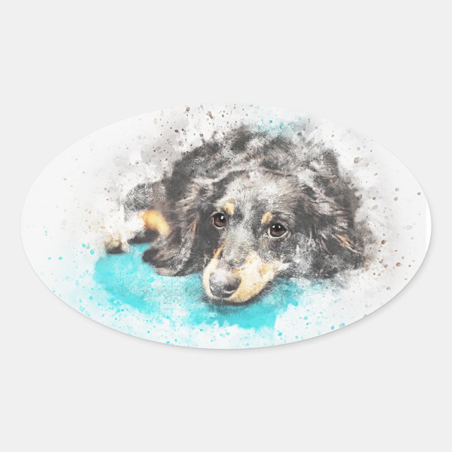 Pegatinas de Long Hair Dachshund Oval (Anverso)
