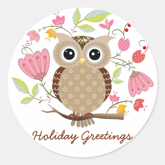 Pegatinas de los saludos navideños de búho y flore (Anverso)