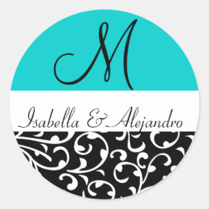 Pegatinas de matrimonio Aqua Blue Swirl Damask Mon