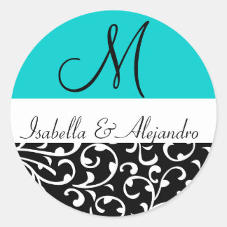 Pegatinas de matrimonio Aqua Blue Swirl Damask Mon