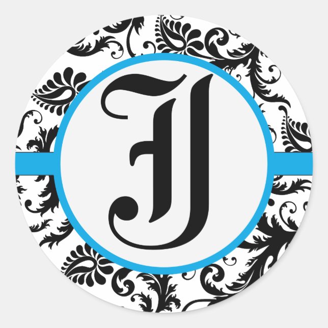 Pegatinas de matrimonio Aquamarine Damask Monogram (Anverso)