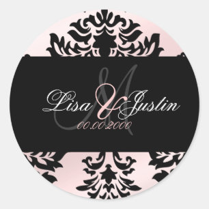 Pegatinas de matrimonio en monograma de Damask/col