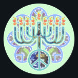Pegatinas de Menorah Earth Peace<br><div class="desc">Menorah con símbolo de paz en el patrón de la tierra. Diseño de Chanukah.</div>