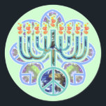 Pegatinas de Menorah Earth Peace<br><div class="desc">Menorah con símbolo de paz en el patrón de la tierra. Diseño de Chanukah.</div>