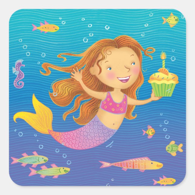 Pegatinas de Mermaid Birthday Square (Anverso)