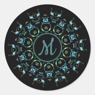 Pegatinas de Monograma Turquoise Pearl Mandala