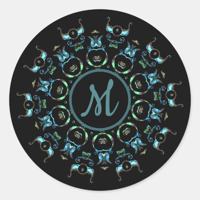 Pegatinas de Monograma Turquoise Pearl Mandala (Anverso)