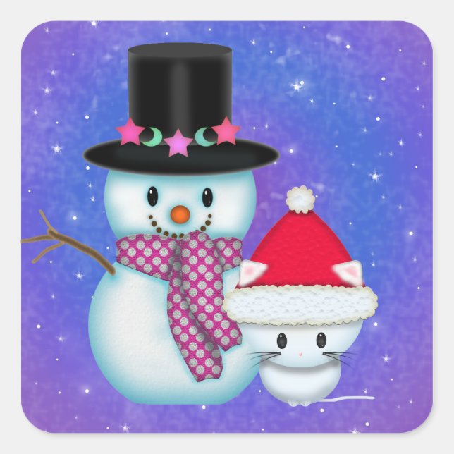 Pegatinas de Navidad de Muñeco de Nieve y Gatito A (Anverso)
