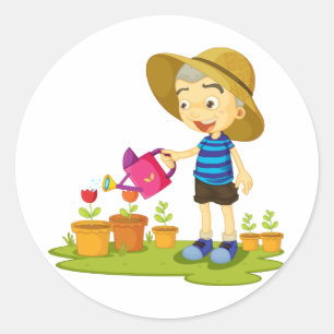 Pegatinas de niño regando plantas