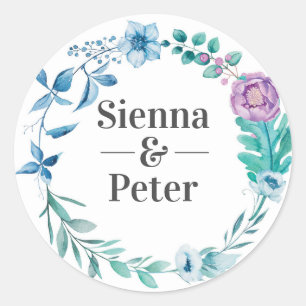 Pegatinas de nombres de bodas florales de color pú