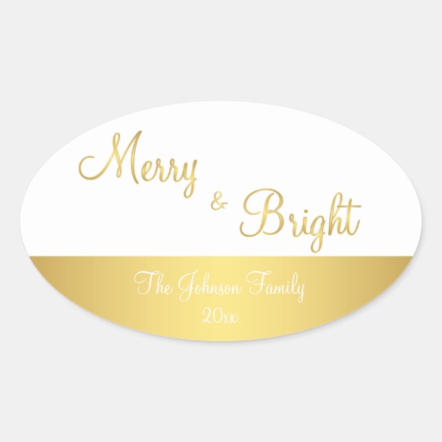 Pegatinas De Oro De Merry Y Bright Oval Personaliz (Anverso)