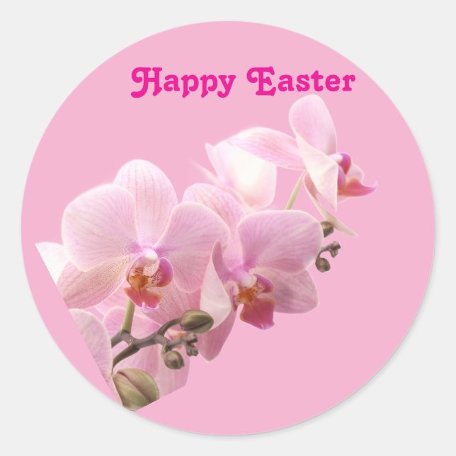 Pegatinas de orquídeas rosadas “Feliz Pascua” (Anverso)
