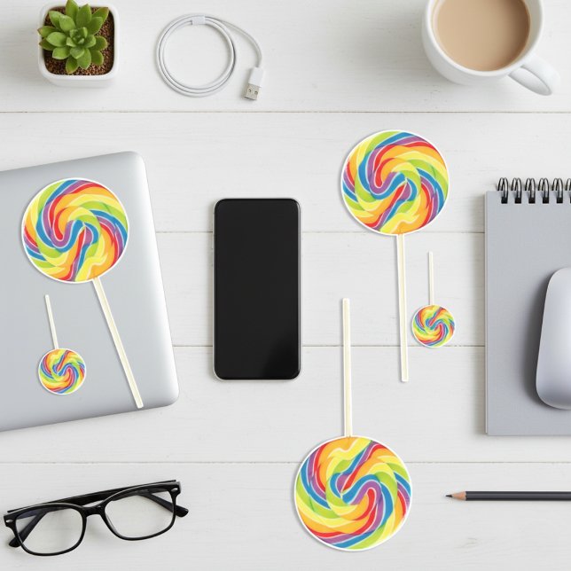 Pegatinas de palo de caramelo con espiral de arcoí (Vibrant Rainbow Swirl Lollipop Stickers)