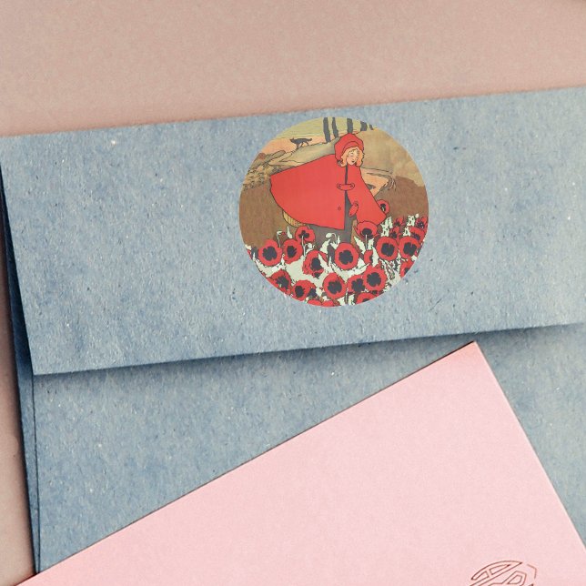 Pegatinas de pipetas de capuchas rojas (Little red riding hood red cape picking red flowers wolf in distance on round stickers.)