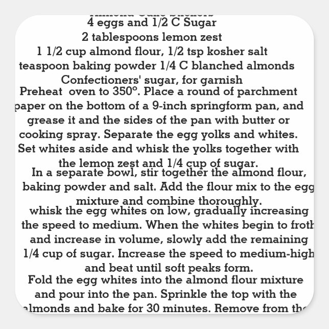 Pegatinas de recetas de torta de almendra (Anverso)