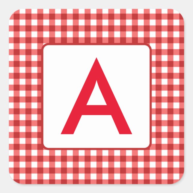 Pegatinas de Red Gingham Check Monogram Square (Anverso)