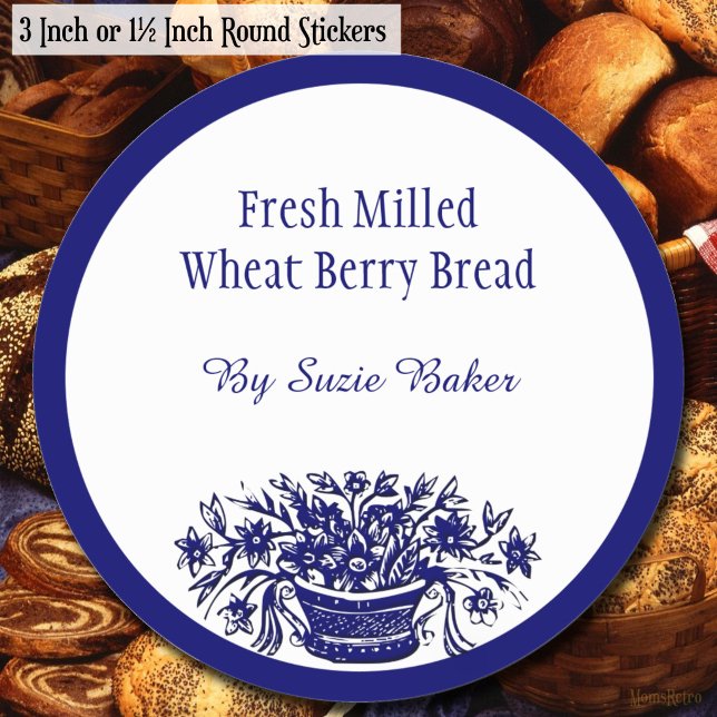Pegatinas de repostería personalizadas de flores v (Custom Blue White Vintage Flowers Round Baking Stickers)
