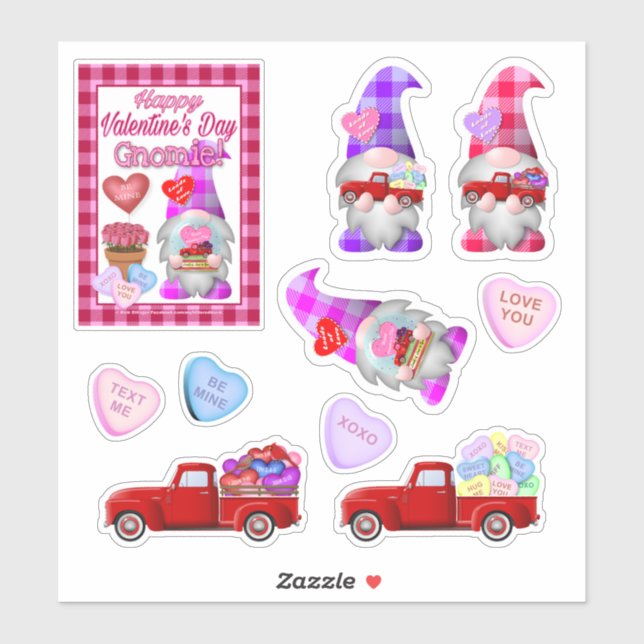 Pegatinas de San Valentín de Gnomos con Camionetas (Hoja)