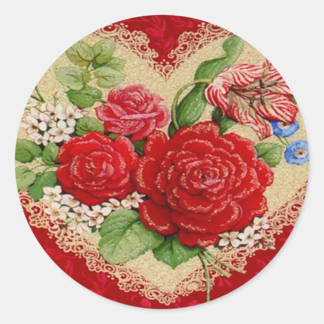 Pegatinas de San Valentín de Rosas Rojas y Lace Vi (Anverso)