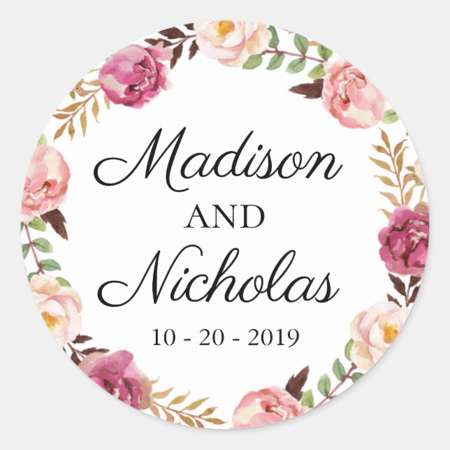 Pegatinas de Sello para sobres de Boda floral rosa (Anverso)