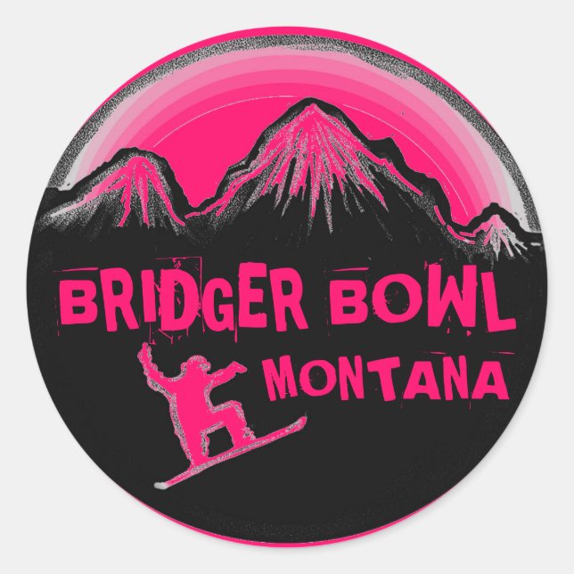 Pegatinas de snowboard rosados de Bridger Bowl Mon (Anverso)