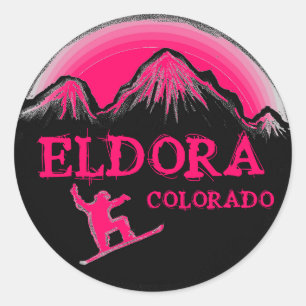 Pegatinas de snowboard rosados de Eldora Colorado
