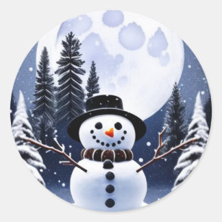 Pegatinas de snowman redondos bajo la luna
