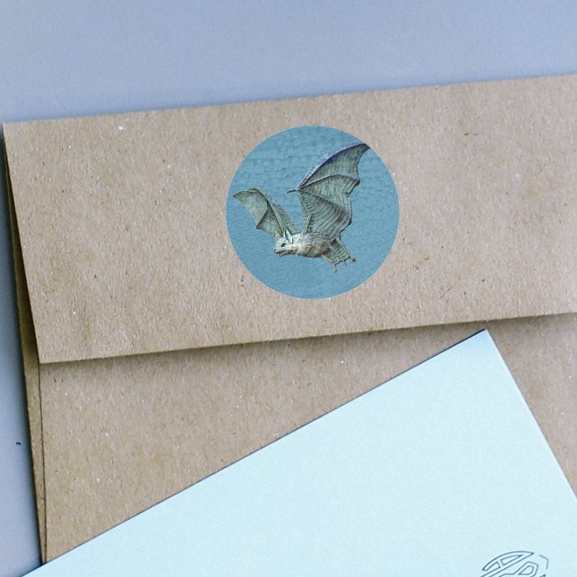 Pegatinas De Socorro De Barras Azules Volando (Flying blue bat spooky white face on blue round stickers.)