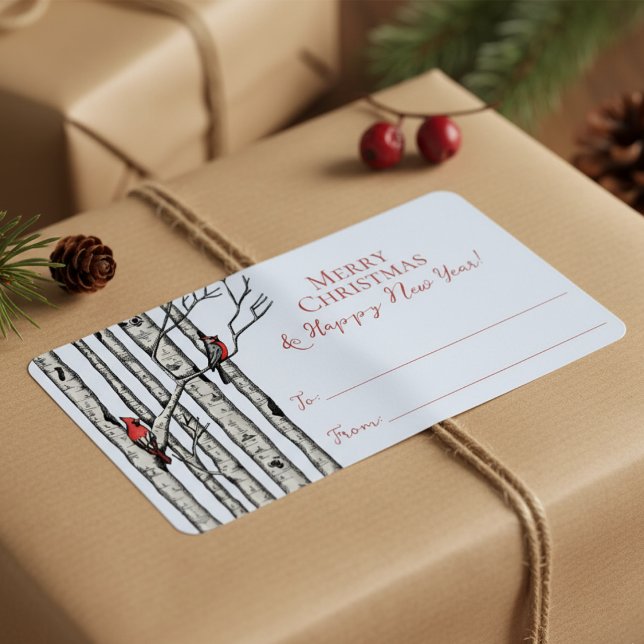 Pegatinas de Tarjeta Azul Feliz Navidad Para De (Festive Modern Red Cardinal Bird Merry Christmas To From Label Sticker Tags for the Holiday Season)