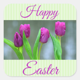 Pegatinas de Tulipanes Púrpura Feliz Pascua