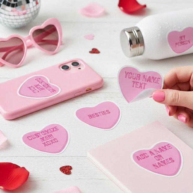 Pegatinas de vinilo rosa personalizadas de corazon (Set of 4 pink candy heart vinyl stickers for you to personalize. Available in 5 different sizes)