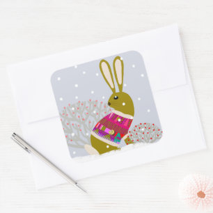 Pegatinas de Winter Snow Bunny Rounded Square