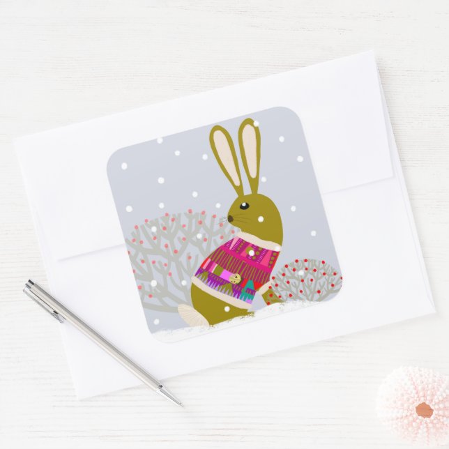 Pegatinas de Winter Snow Bunny Rounded Square (Sobre)