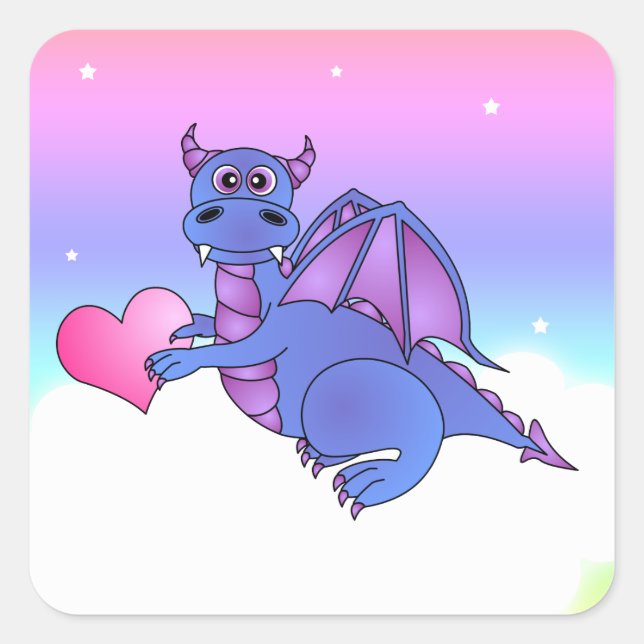 Pegatinas del corazón del dragón lindo azul - rosa (Anverso)