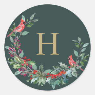 Pegatinas del Monograma Red Robin Holiday Wreath