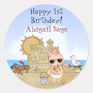 Pegatinas del primer cumpleaños del bebé de playa